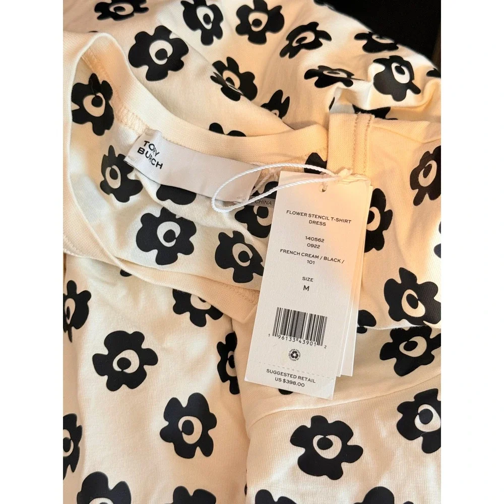 Tory‎ Burch Flower Stencil T-Shirt Dress French Cream Black Floral Size M